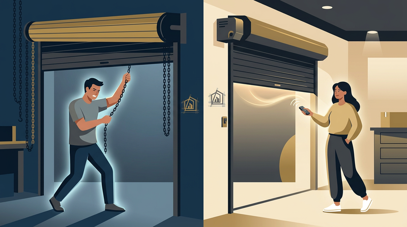 So sánh giá cửa cuốn kéo tay và cửa cuốn điện (Motor)