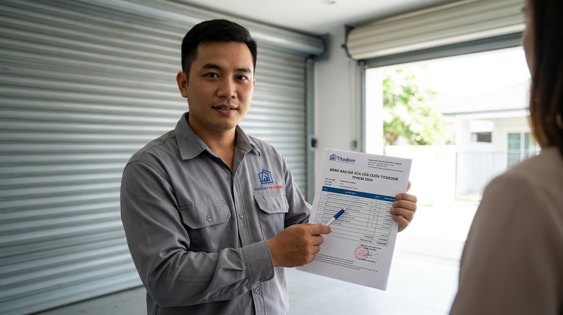 Bảng báo giá sửa cửa cuốn TPHCM 2026 (Lỗi kẹt nan, trật ray Titadoor)
