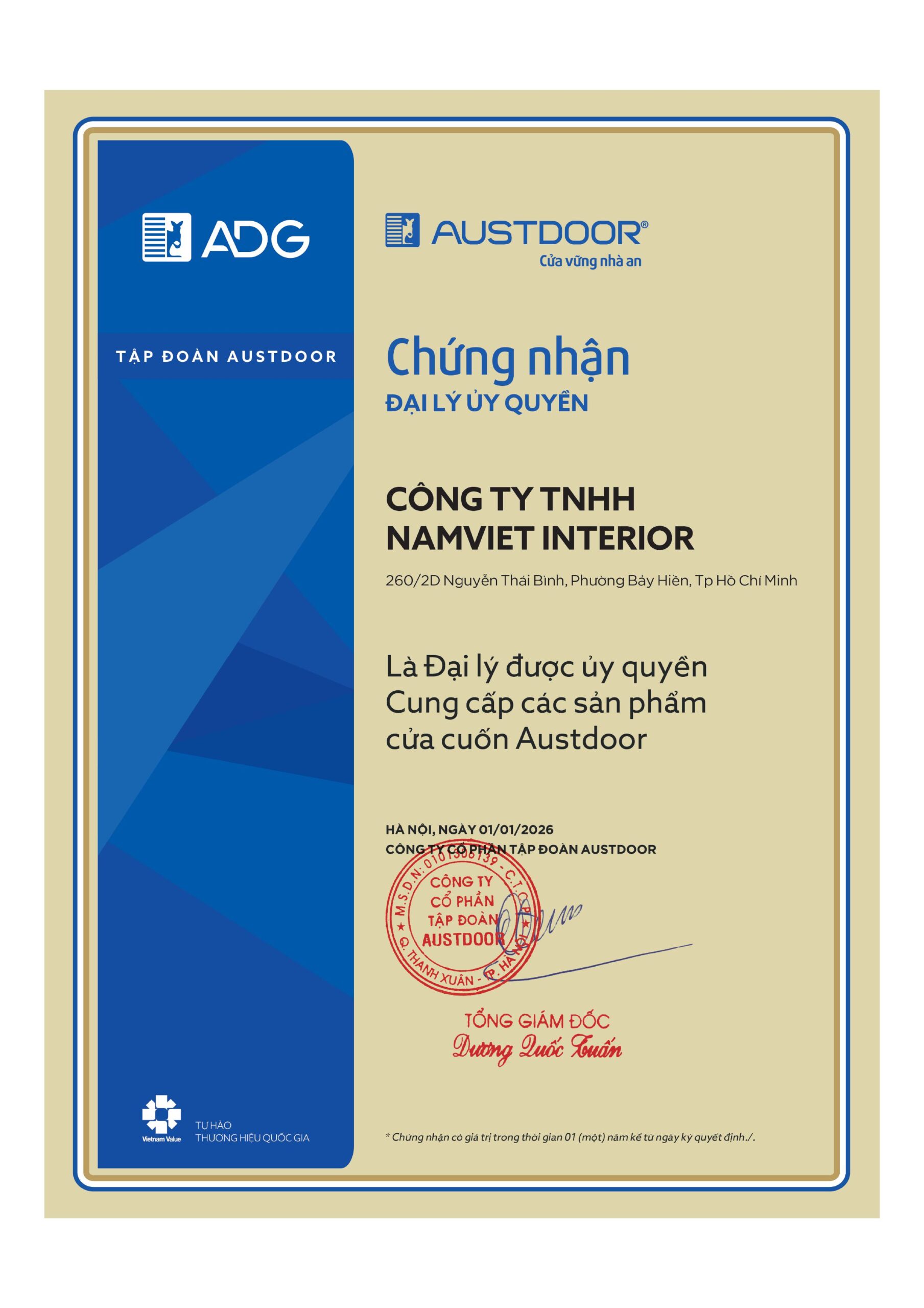 chứng nhận đại lý austdoor namviet