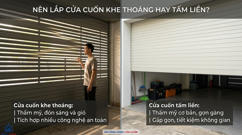 Chọn chủng loại: Nên lắp cửa cuốn khe thoáng hay cửa cuốn tấm liền?