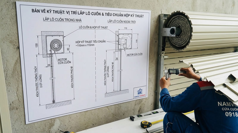 Lắp lô cửa cuốn bên trong hay bên ngoài & Tiêu chuẩn hộp kỹ thuật